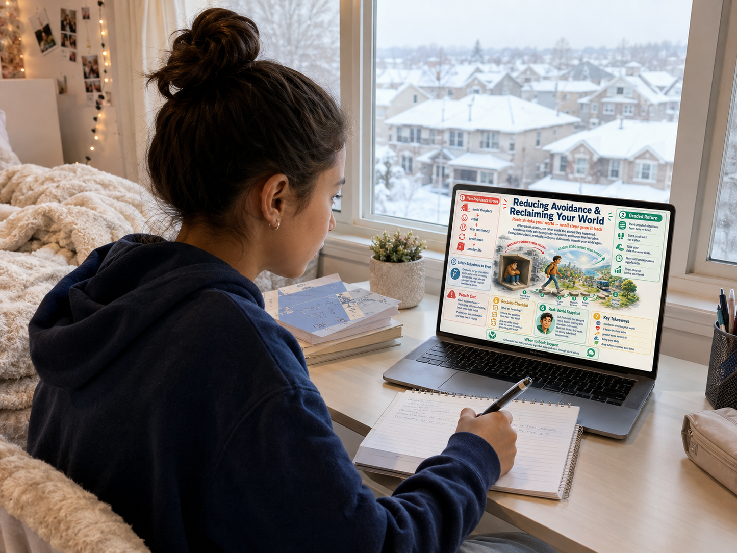 Person sitting at a desk with a laptop and notebook, looking out a window with a snowy view.