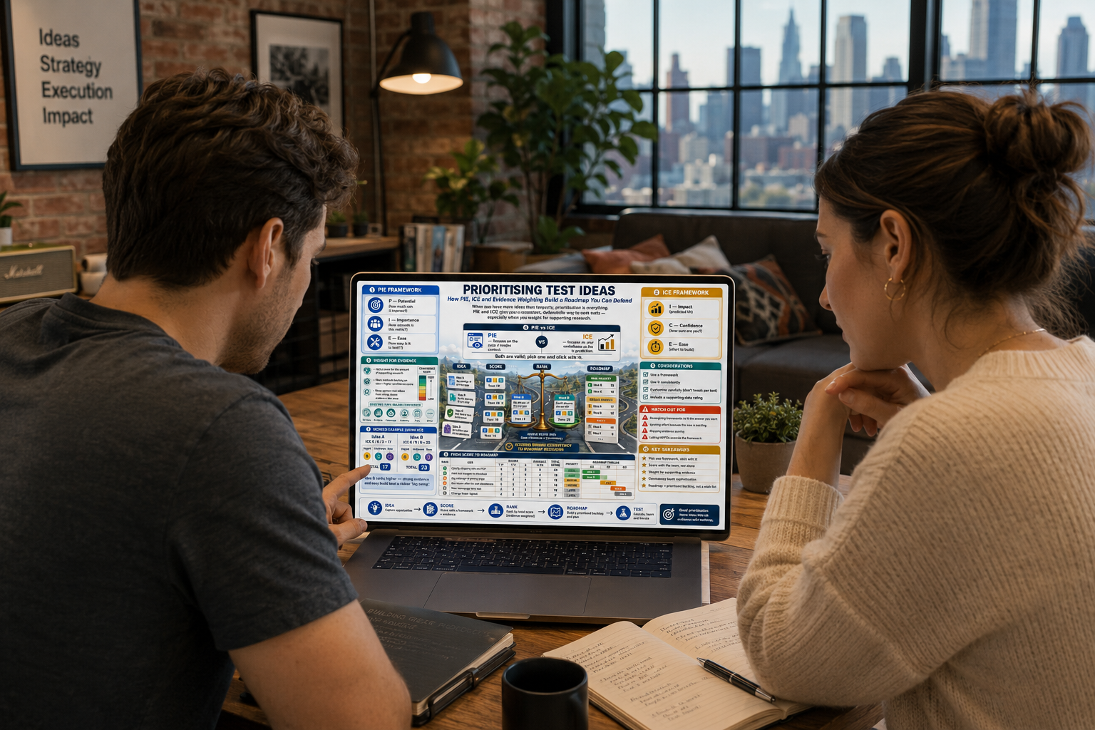 Two people sitting at a table looking at a laptop screen with a project management software interface.