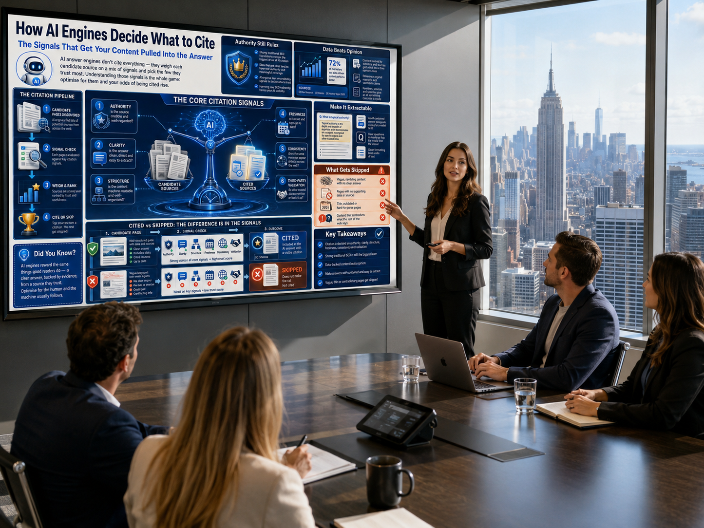 Woman presenting in a conference room with a large screen displaying information, overlooking a cityscape.