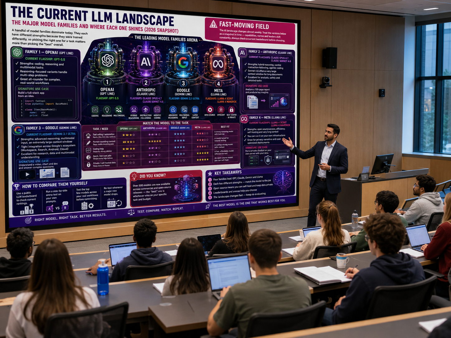 Person giving a presentation on a large screen displaying the current LLM landscape.