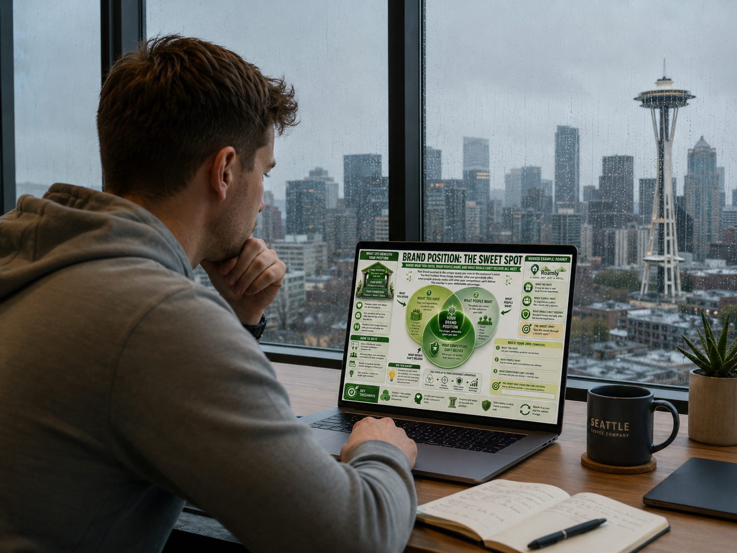 Person working on a laptop with a cityscape view including the Space Needle.