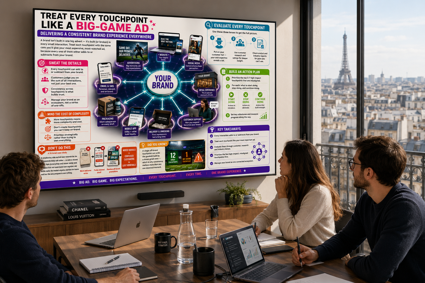 Three people working at a table with laptops, large screen displaying a brand strategy diagram, and a cityscape view.