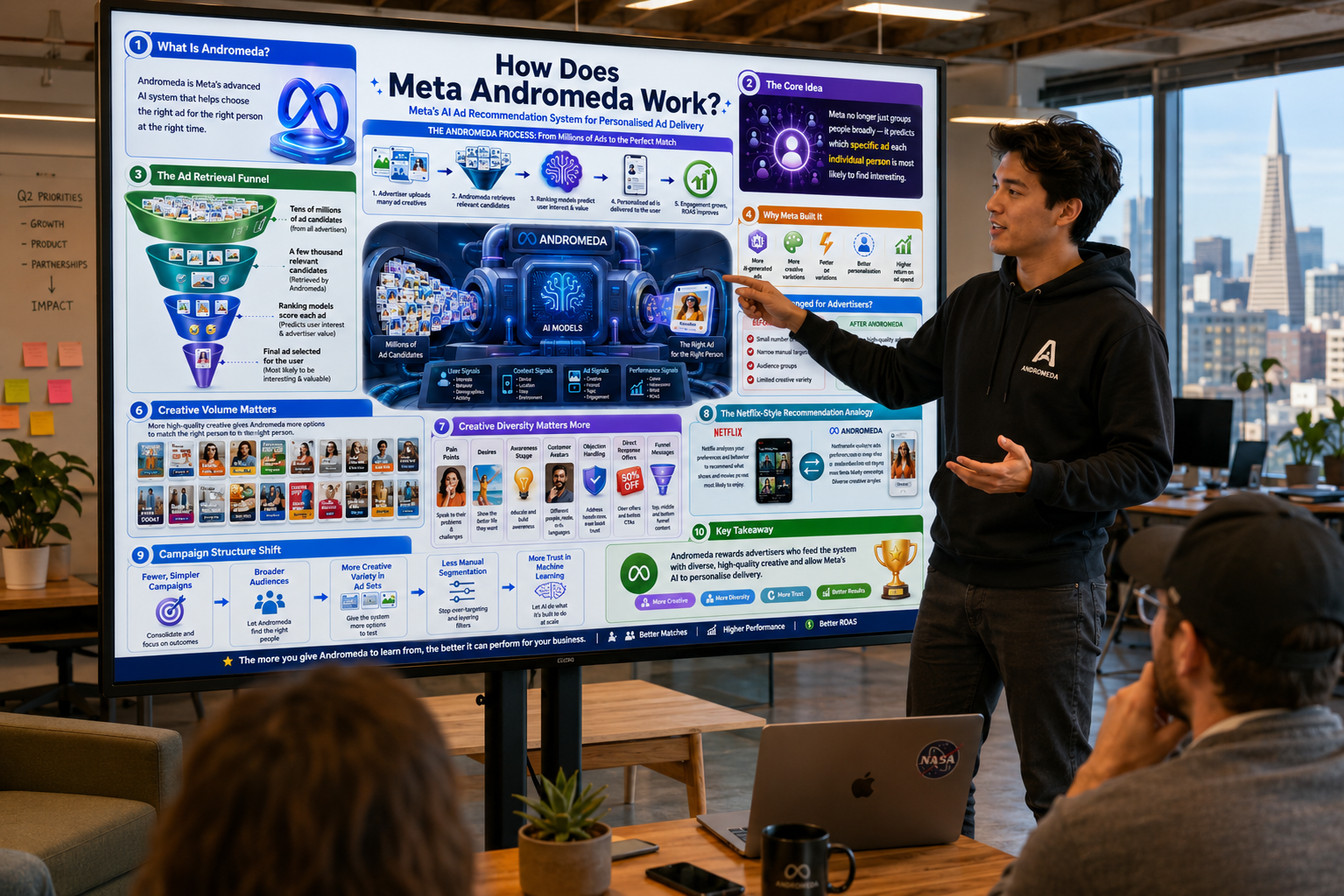 Person giving a presentation in front of a large screen with a cityscape in the background
