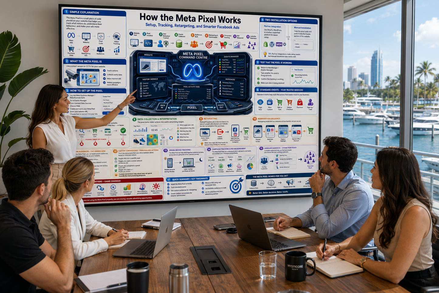 Group of people in a meeting room with a large screen displaying a presentation about Meta Pixel technology.