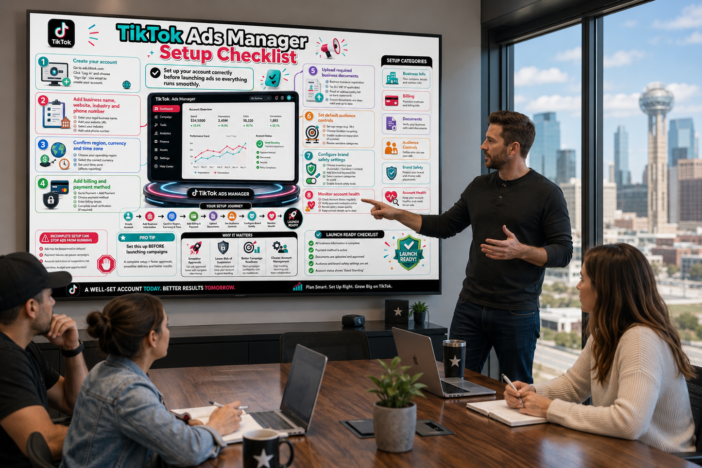 Person presenting a TikTok Ads Manager setup checklist to a group in a modern office setting.