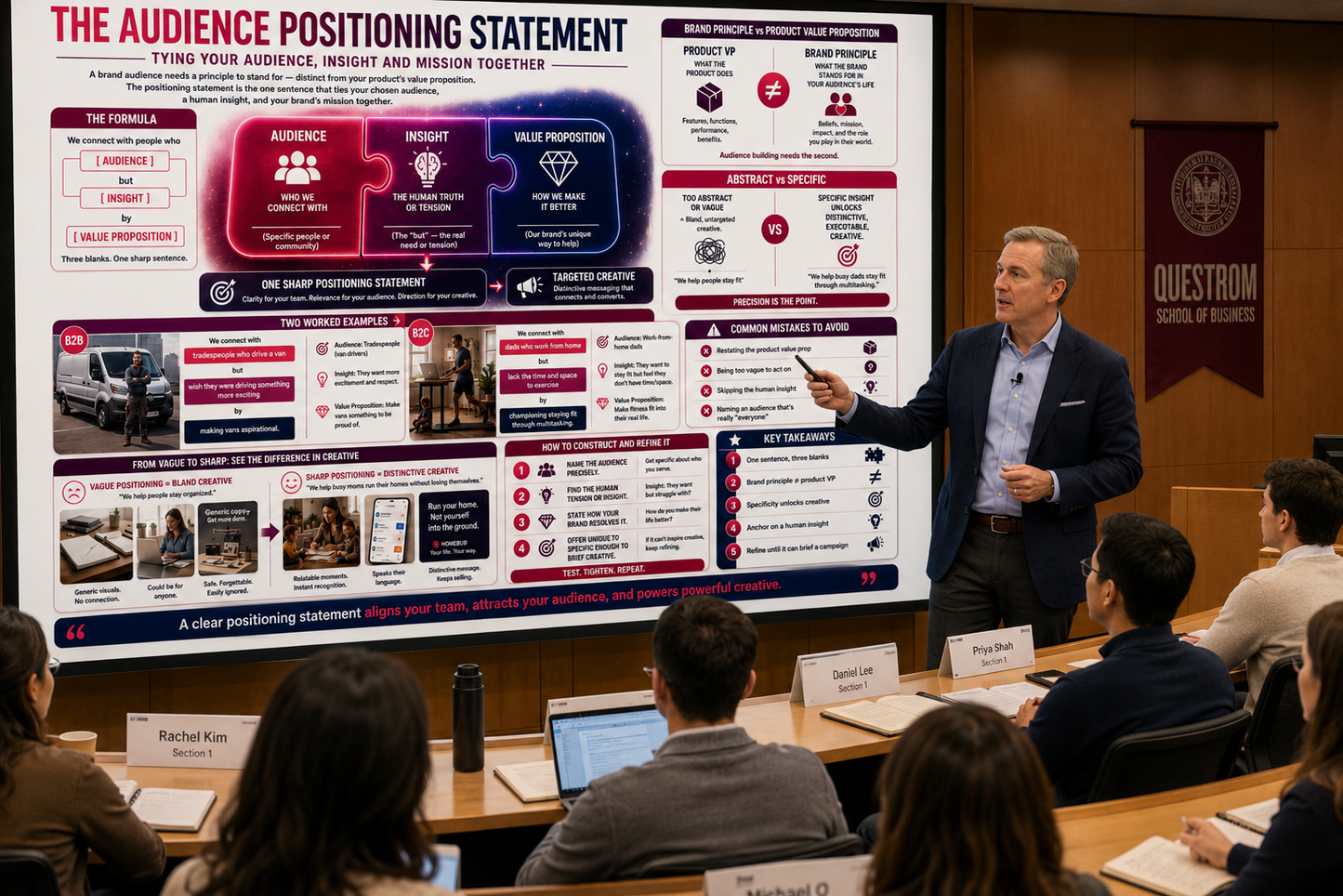 Person giving a presentation in front of an audience with a large screen displaying an audience positioning statement.