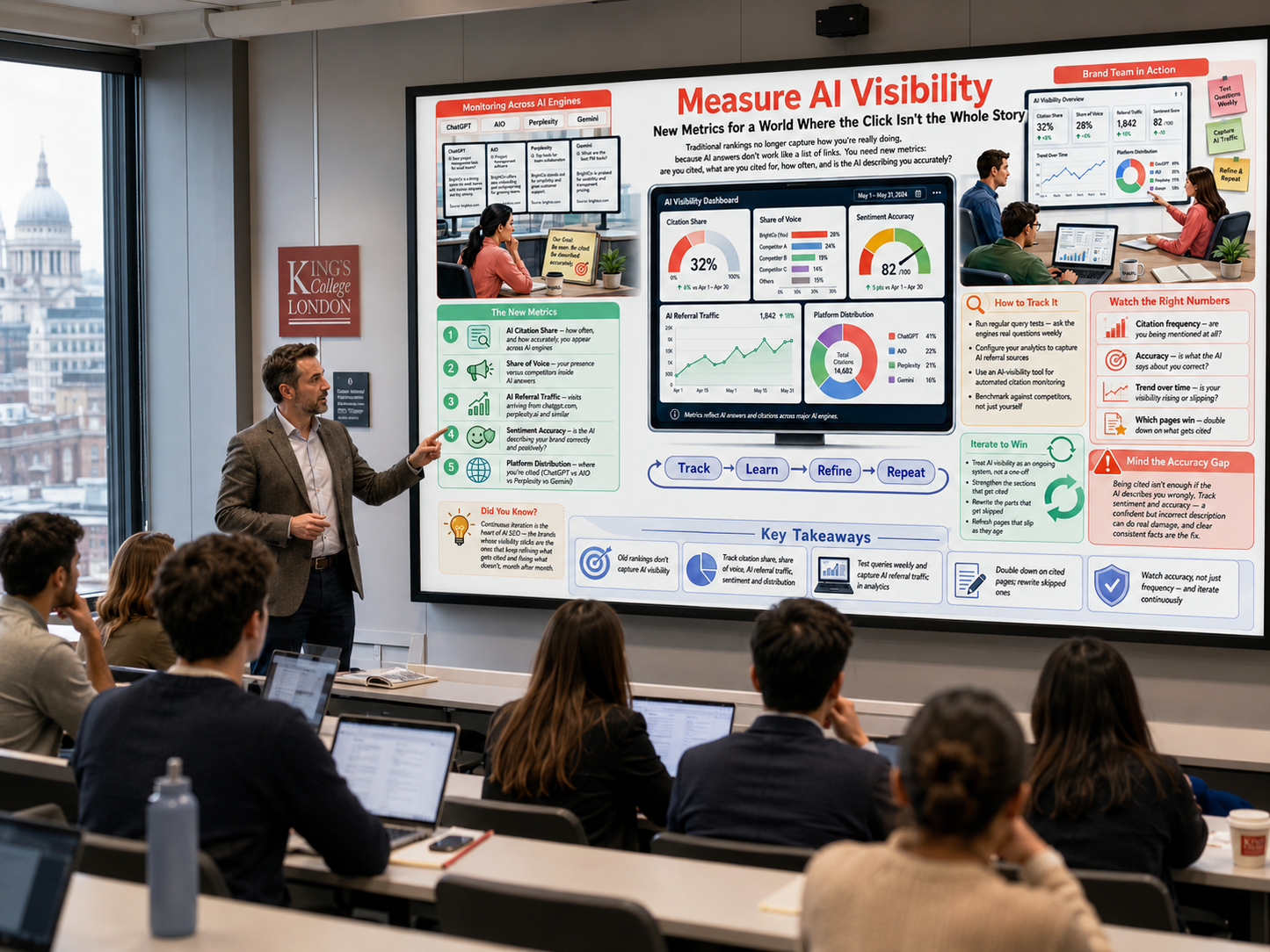 Person presenting in front of a large screen displaying AI visibility metrics in an office setting.