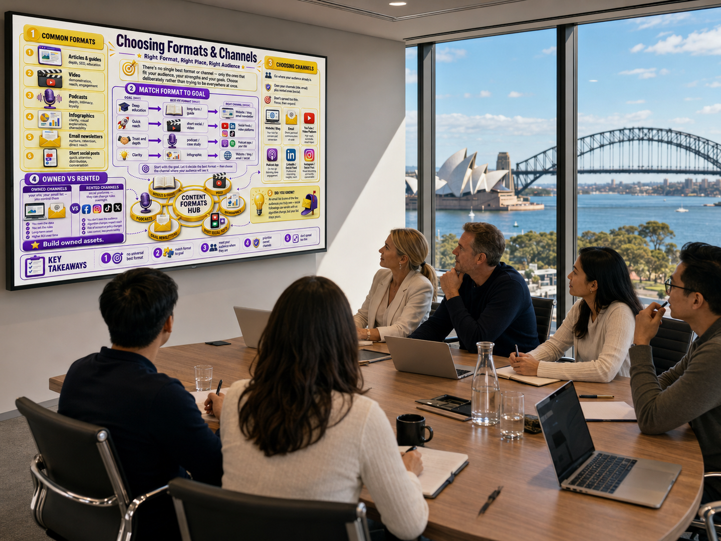 Group of people in a meeting room with a large screen displaying a presentation about choosing formats and channels, overlooking Sydney Harbour.