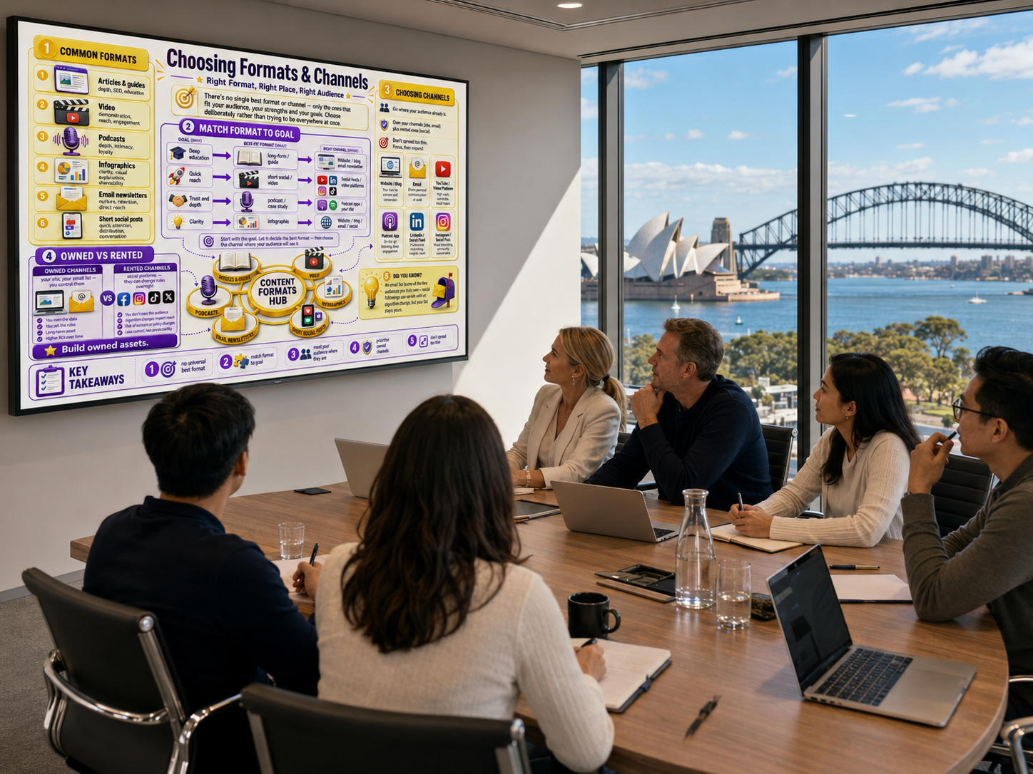 Group of people in a meeting room with a large screen displaying a presentation about choosing formats and channels, overlooking Sydney Harbour.