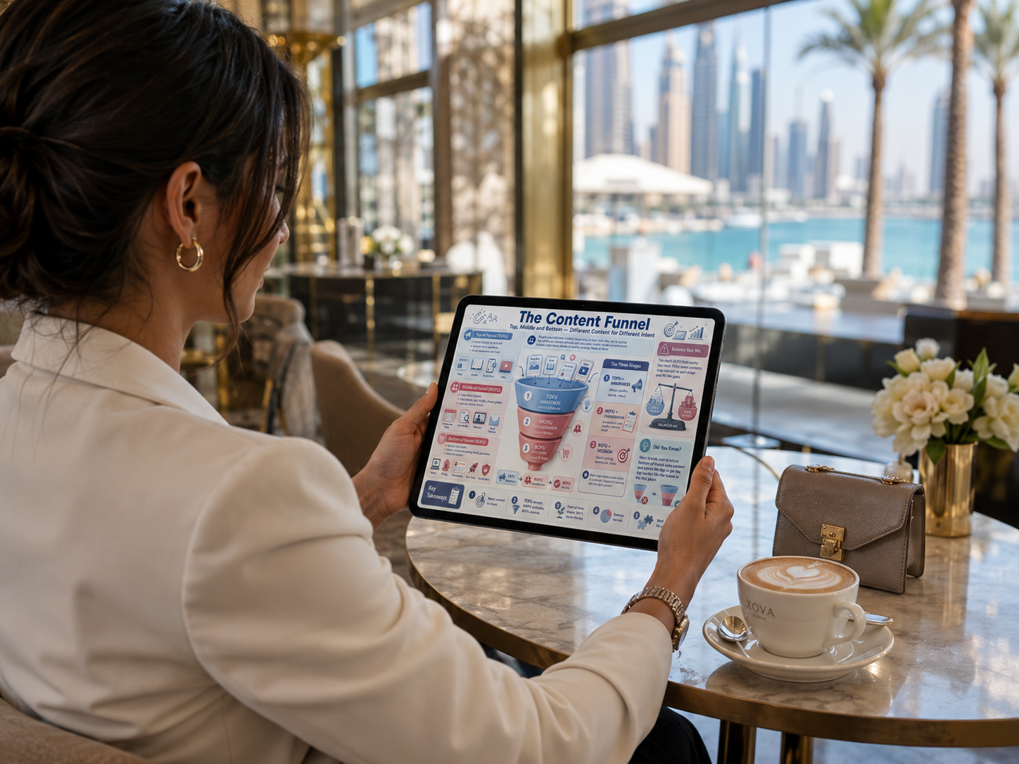 Woman using a tablet with a content funnel diagram in a cafe with a cityscape view.