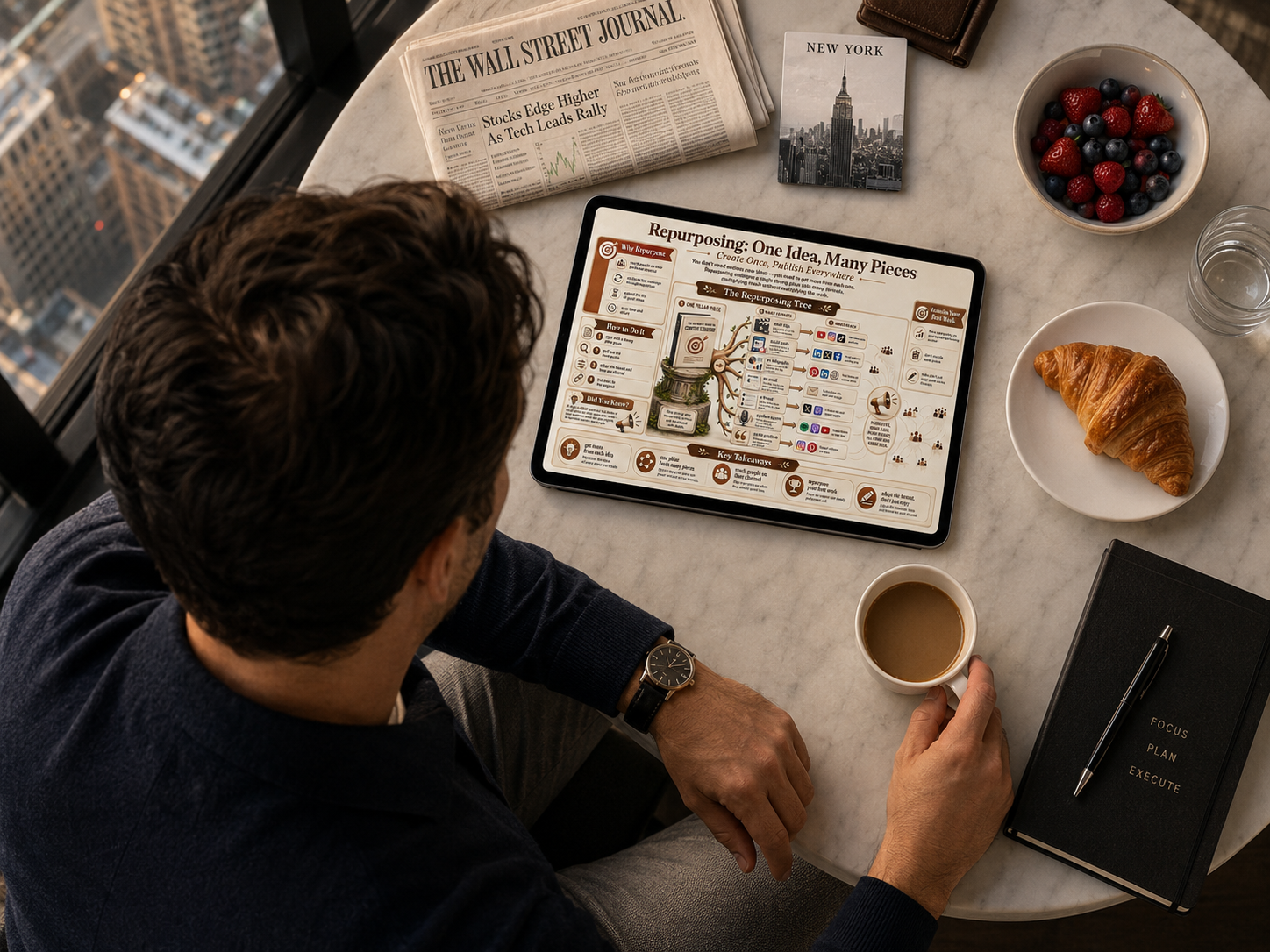 Person using a tablet with a newspaper and coffee on a table with a cityscape view.