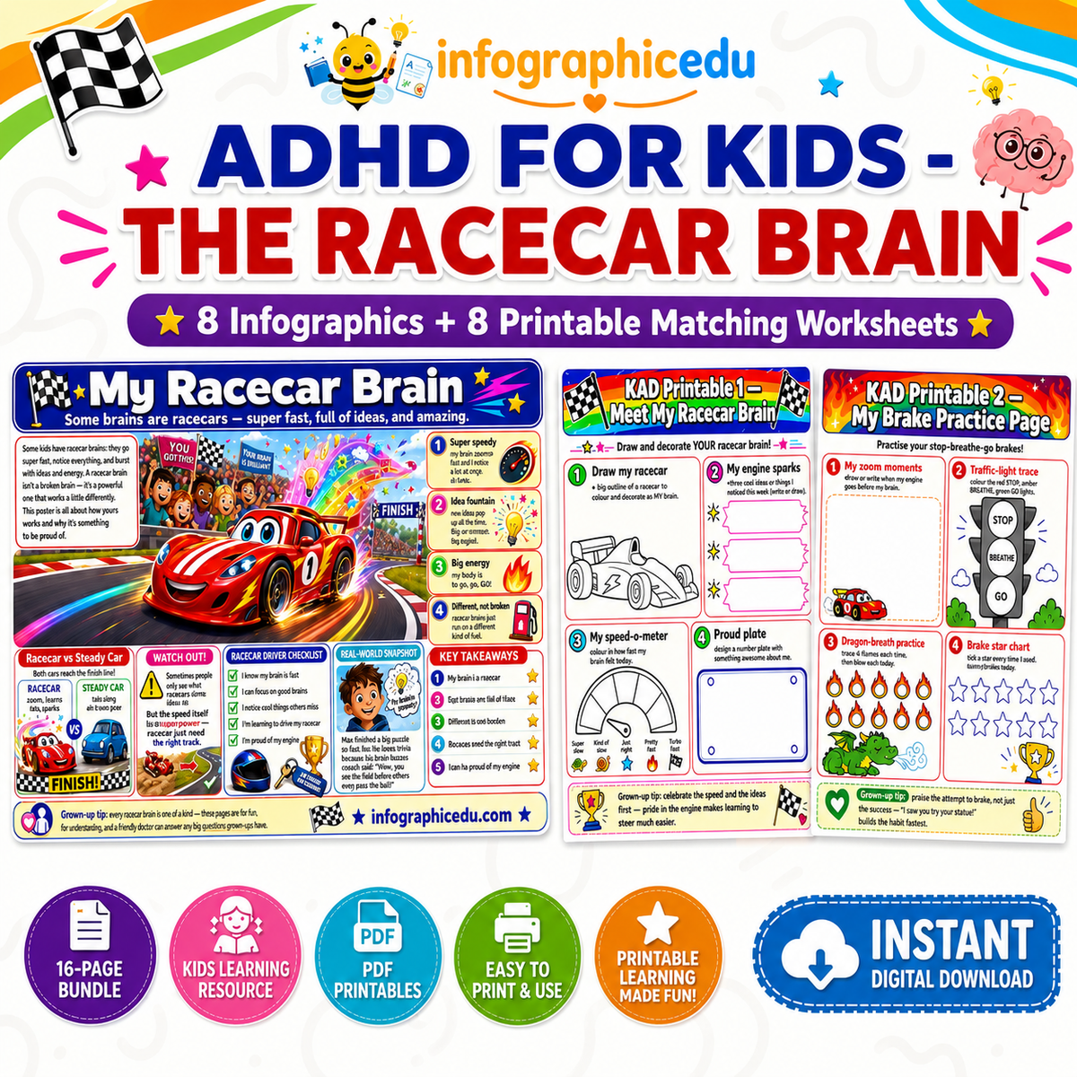 Kids ADHD Racecar Brain digital infographic course and printable worksheet pack cover