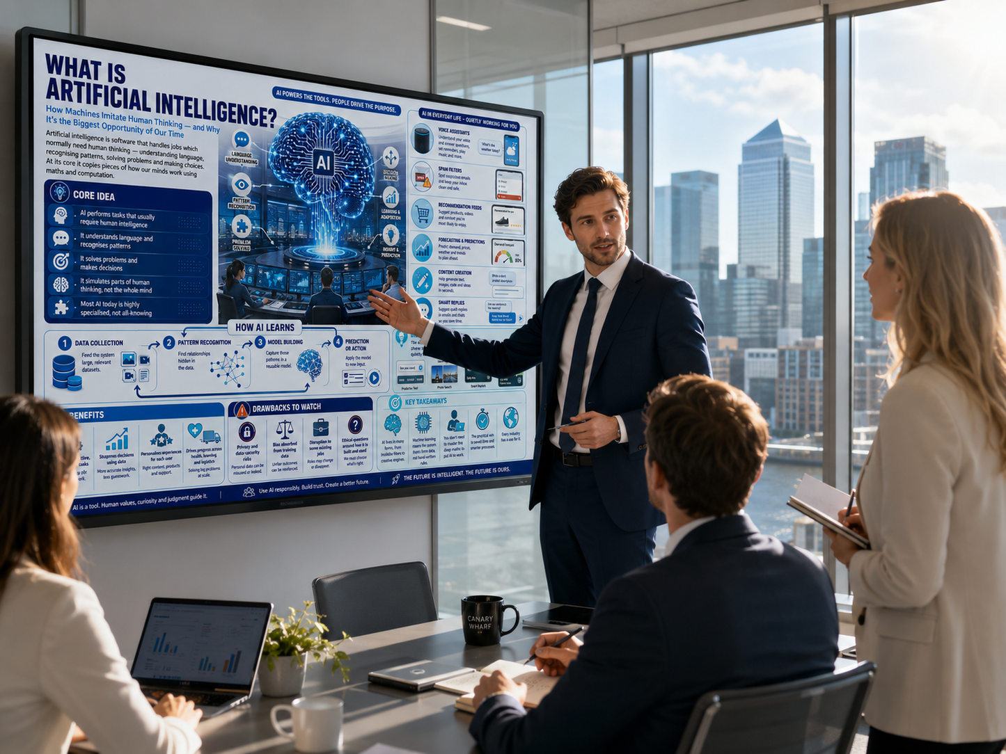 Man in a suit pointing at an AI infographic on a large screen in a modern office setting.