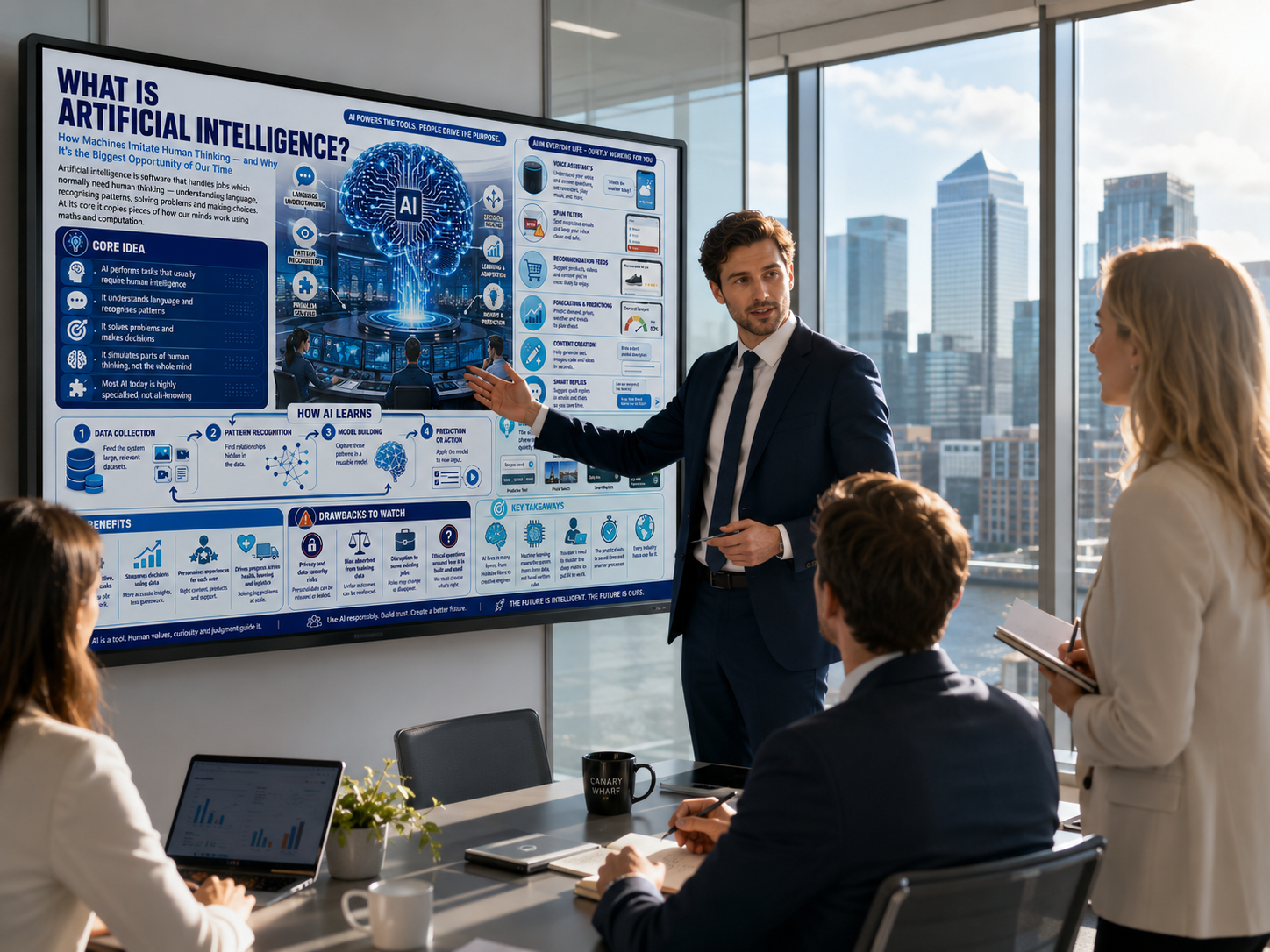 Man in a suit pointing at an AI infographic on a large screen in a modern office setting.