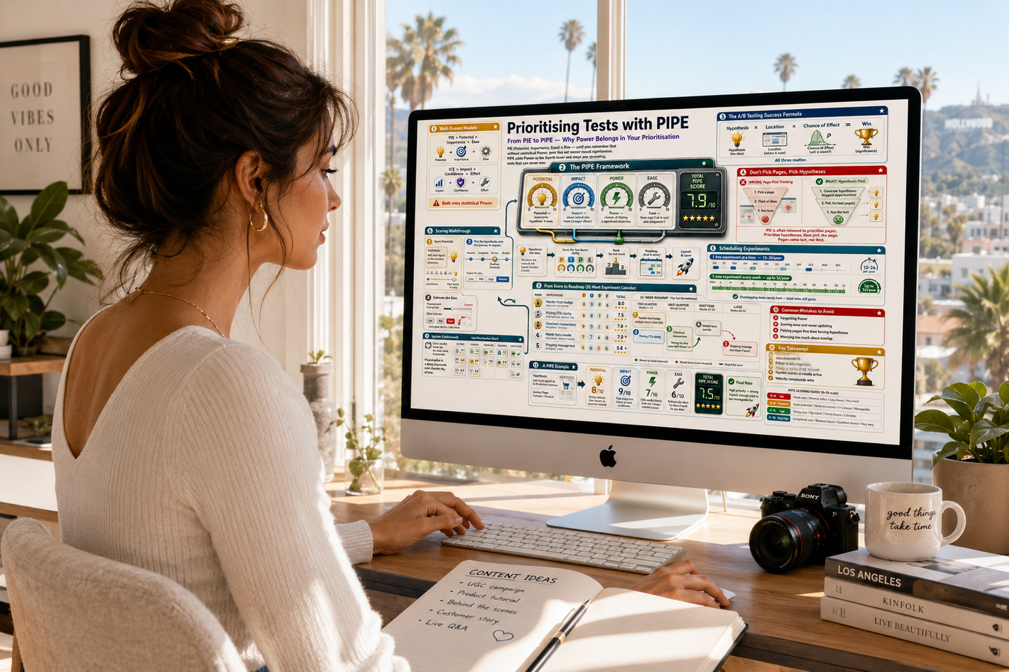 Woman working at a desk with a computer displaying a test prioritization tool.