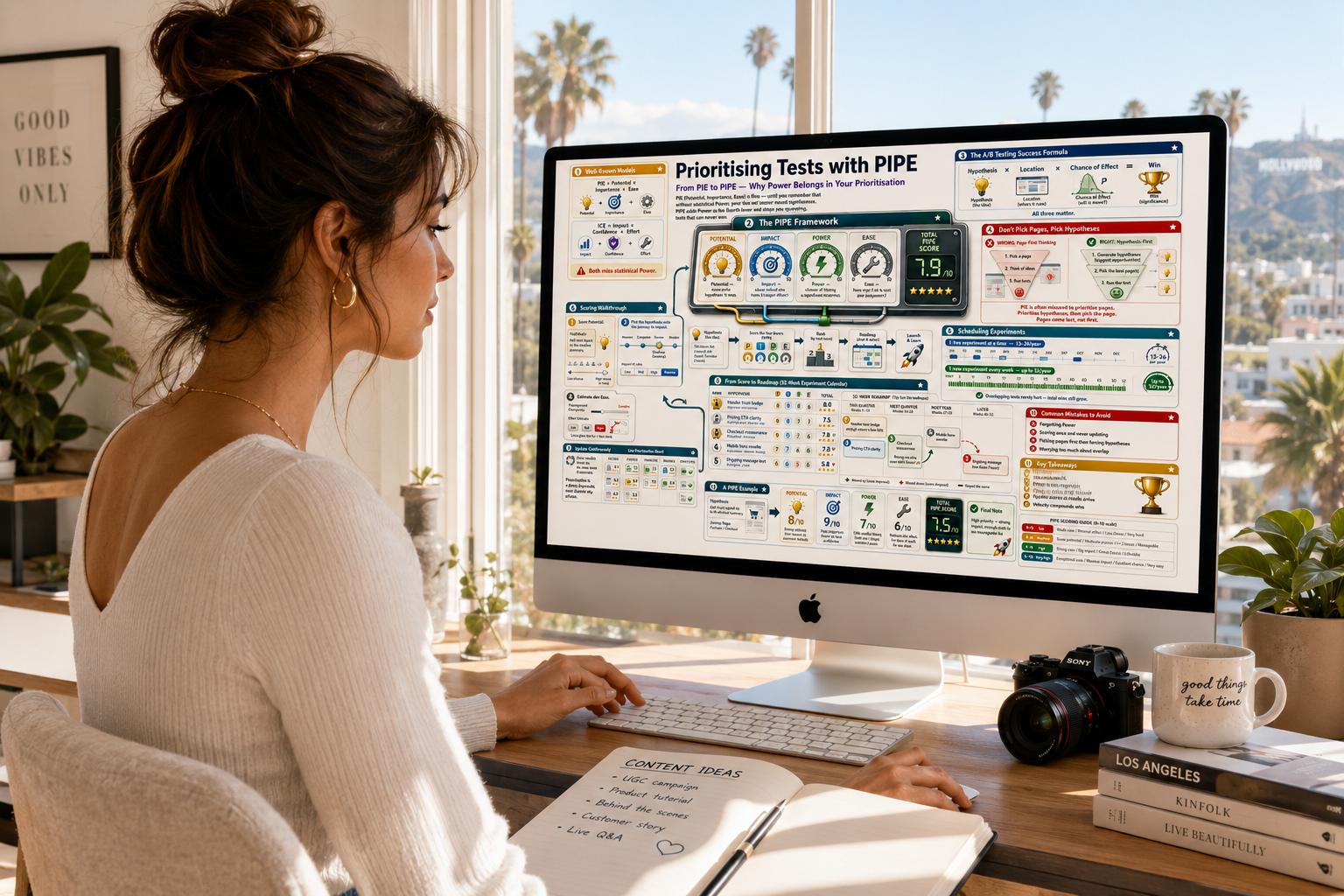 Woman working at a desk with a computer displaying a test prioritization tool.