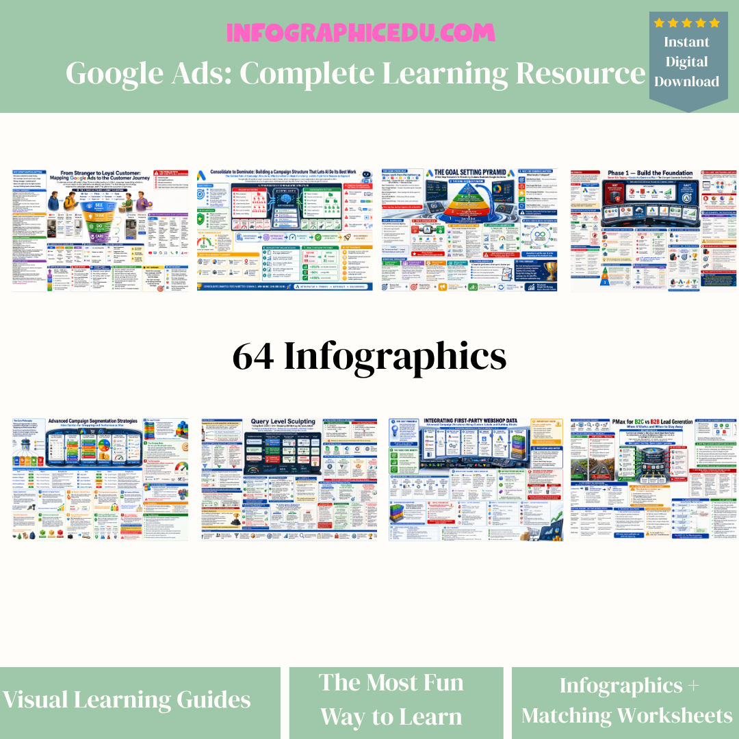 Collection of Google Ads infographics with a promotional banner at the top.