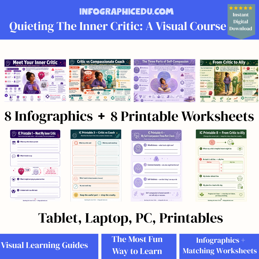 Promotional image of 'Quietting The Inner Critic' educational materials with infographics and worksheets.