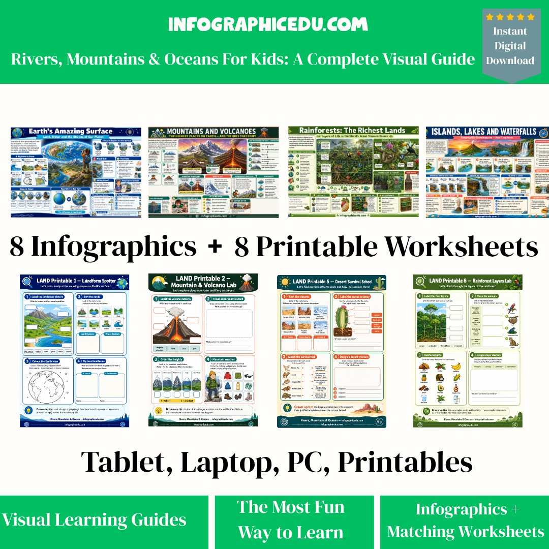 Educational materials for kids including infographics and worksheets on rivers, mountains, and oceans with InfographicEdu.com branding.