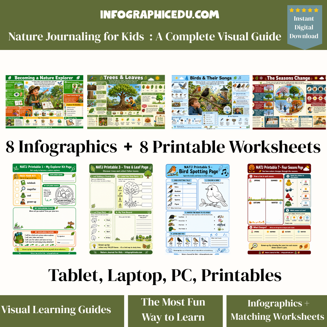 Nature Journaling for Kids educational materials with infographics and worksheets on a green background.