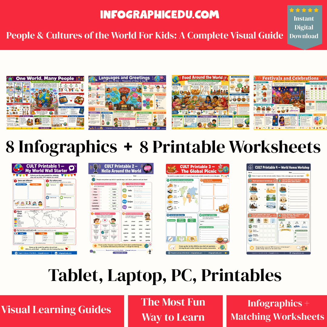 Promotional image of educational materials from Infographic Edu with infographics and printable worksheets.