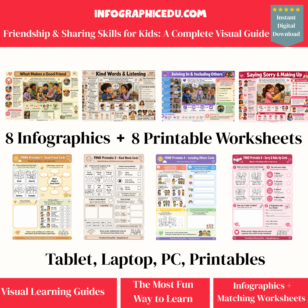 Friendship & Sharing Skills for Kids – Kids Digital Infographic Course & Printable Worksheet Pack