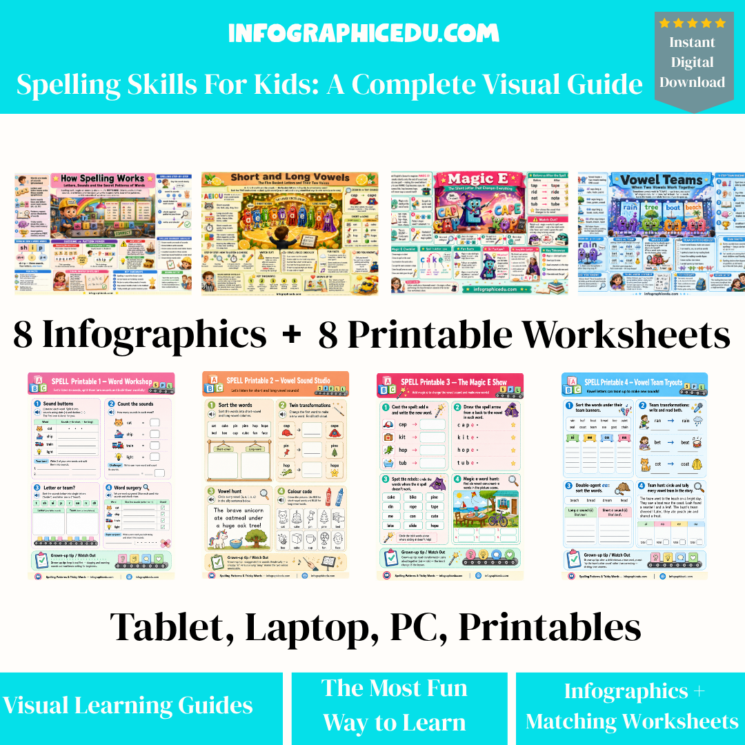 Spelling skills educational materials with infographics and worksheets on a blue background.