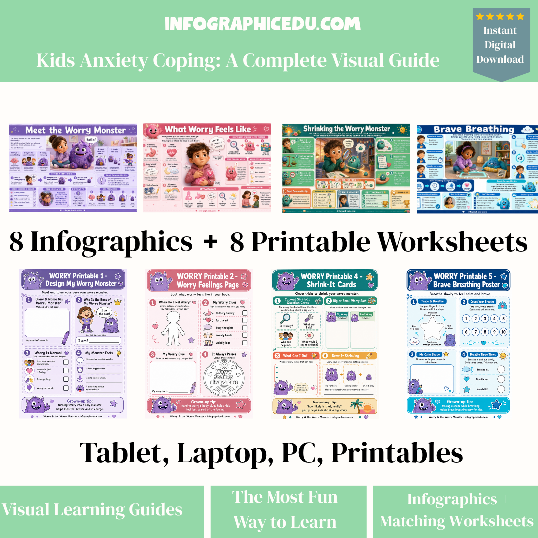 Worry Monster – Kids Anxiety Coping Digital Infographic Course & Printable Worksheet Pack