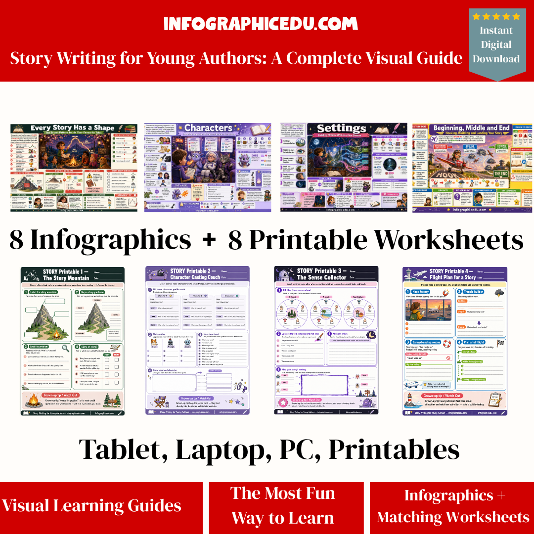 Promotional image for 'Story Writing for Young Authors' with infographics and worksheets from Infographic Edu.