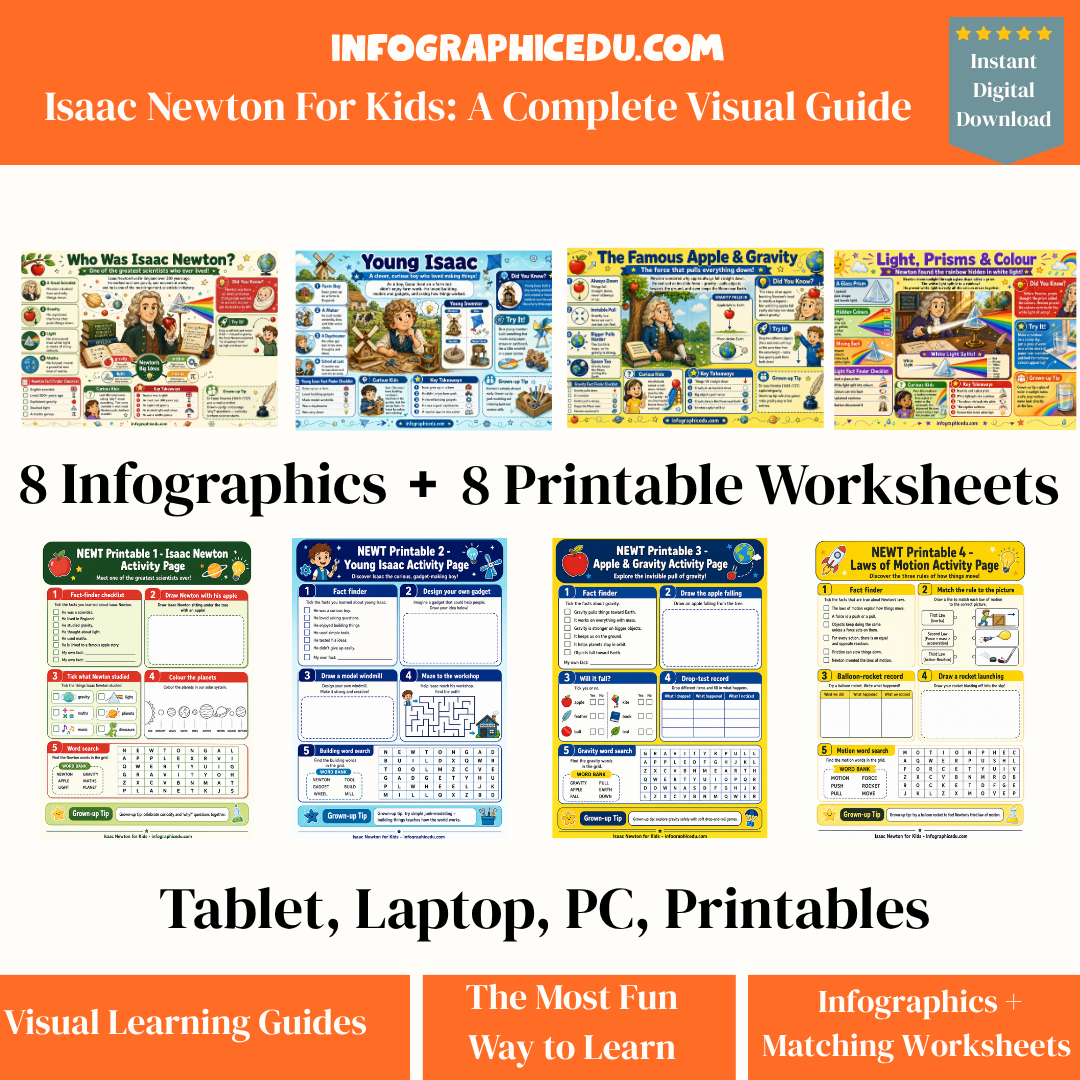 Collection of educational infographics and worksheets on Isaac Newton for kids with a promotional banner at the top.