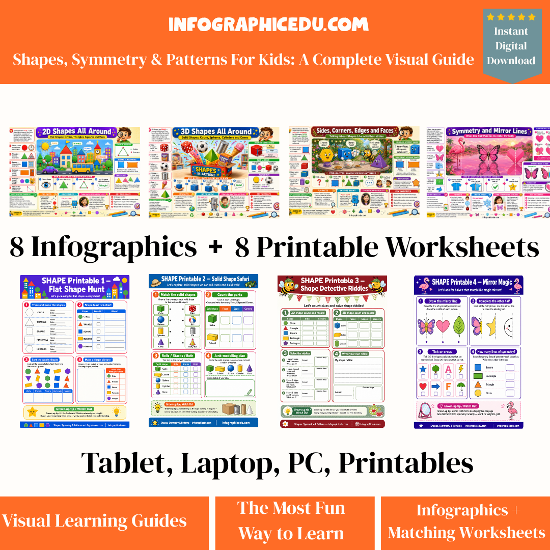 Promotional image of educational materials from Infographic Edu with infographics and printable worksheets.