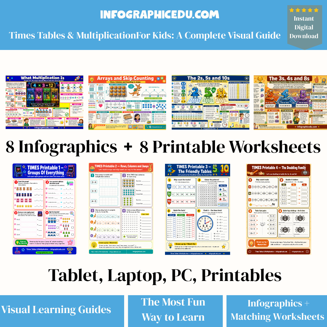 Times Tables & Multiplication – Kids Digital Infographic Course & Printable Worksheet Pack