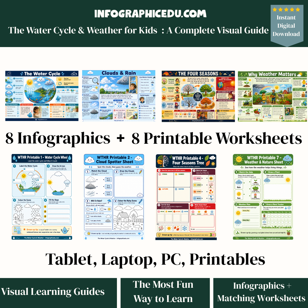 Educational materials on water cycle, weather, and seasons with infographics and worksheets.