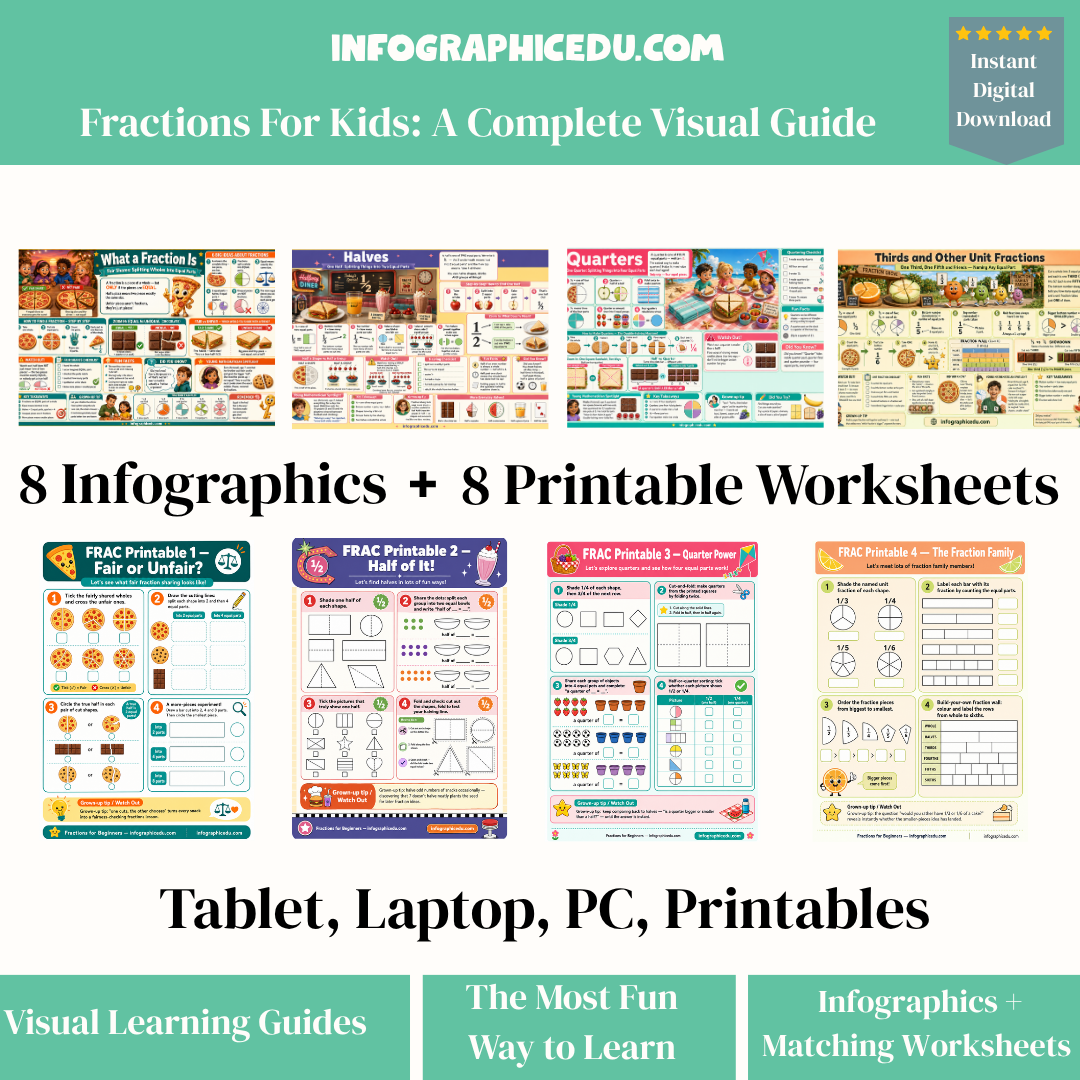 Educational materials for teaching fractions to kids including infographics and printable worksheets from InfographicEdu.com.