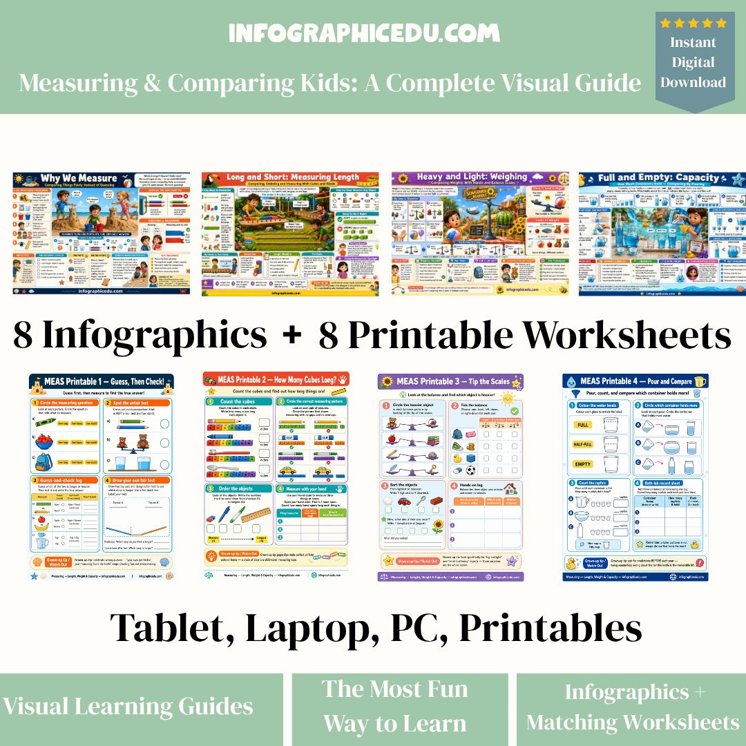 Promotional image of educational materials from Infographic Edu with infographics and worksheets.