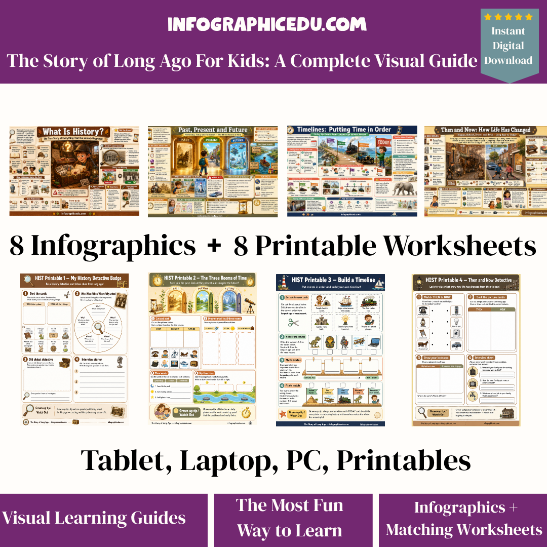 Educational materials including infographics and worksheets from Infographic Edu on a white background.