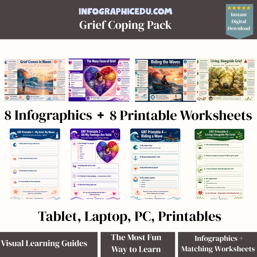 Grief Coping Pack – Digital Infographic Course & Printable Worksheet Bundle