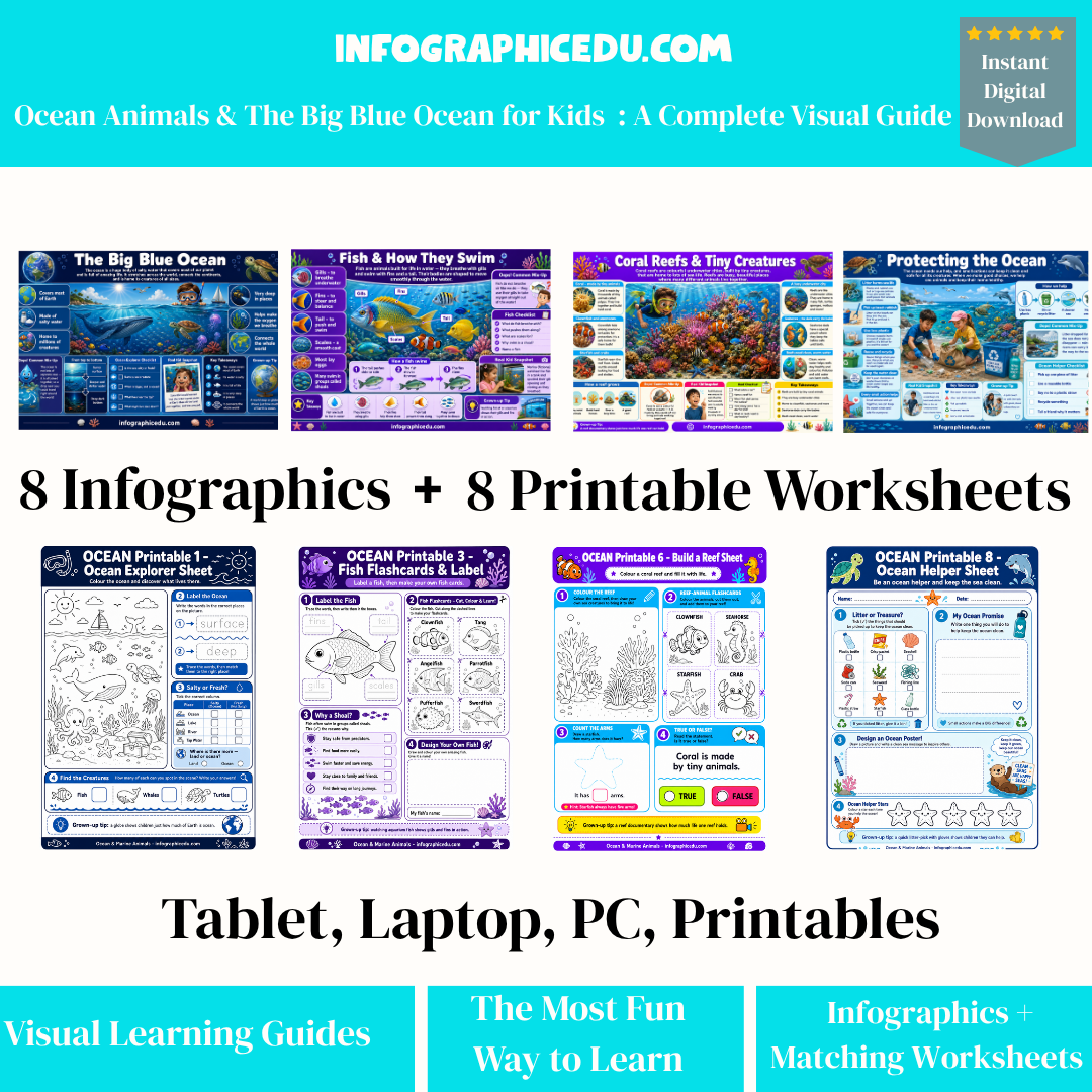 Ocean Animals & The Big Blue Ocean – Kids Digital Infographic Course & Printable Worksheet Pack
