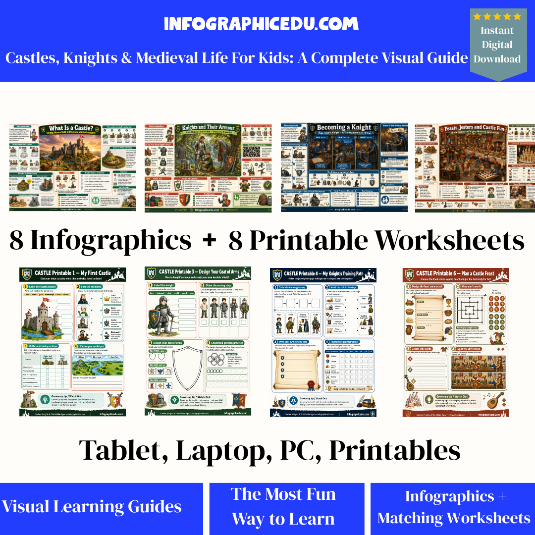 Educational materials on castles, knights, and medieval life for kids from Infographic Edu with infographics and worksheets.