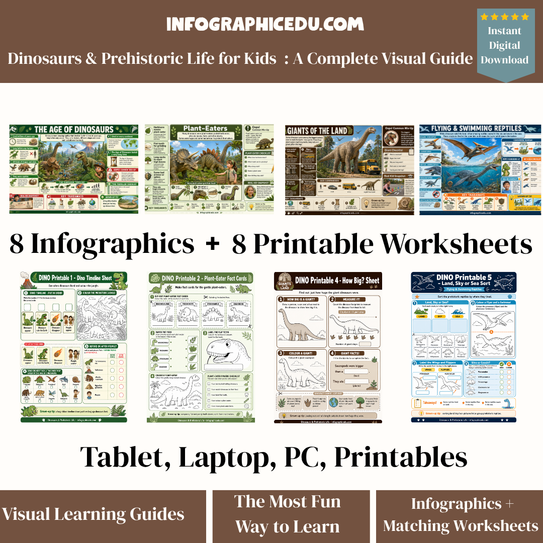 Educational materials for dinosaurs and prehistoric life with infographics and worksheets on a brown background.