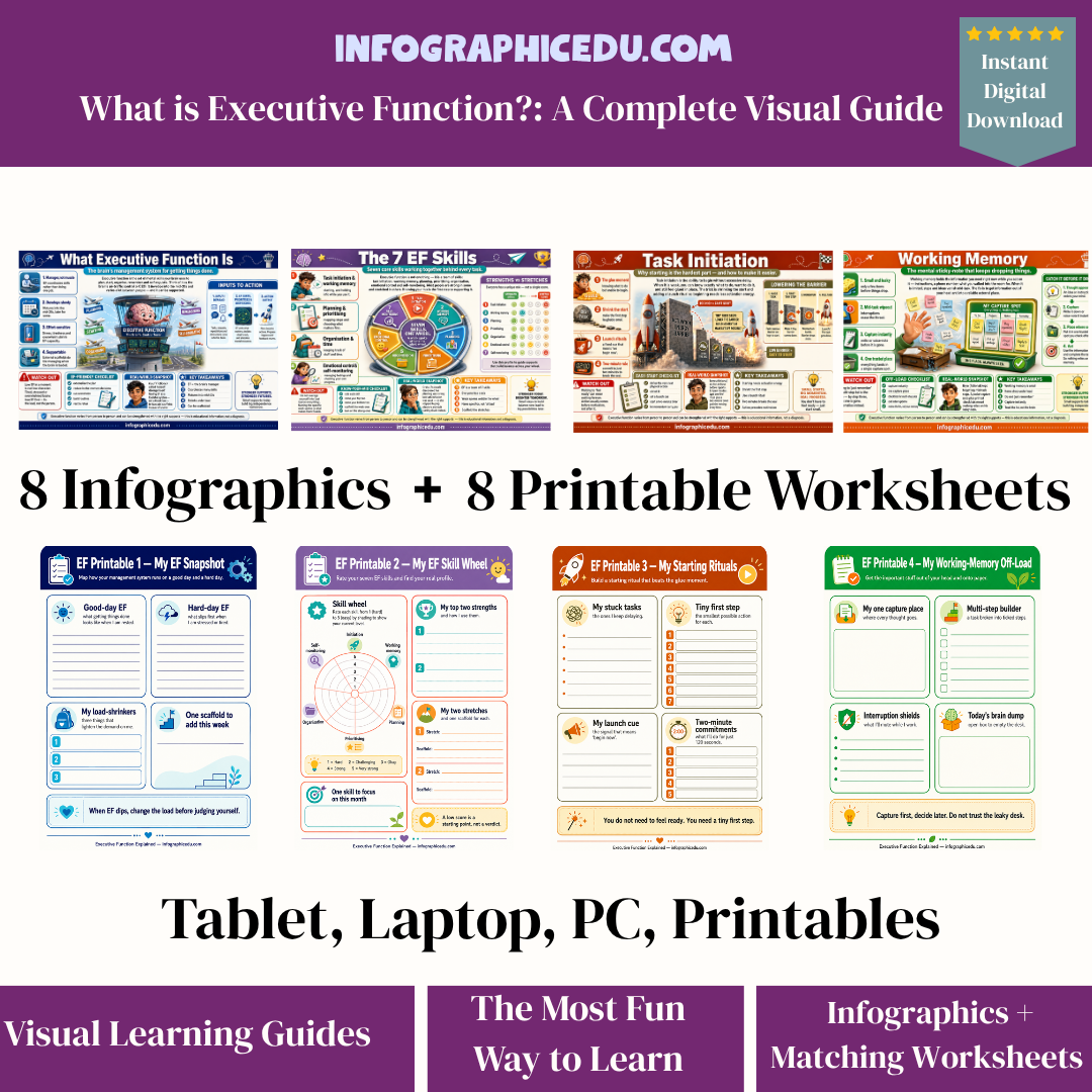 Promotional image of Infographic Edu product with infographics and worksheets on a white background.