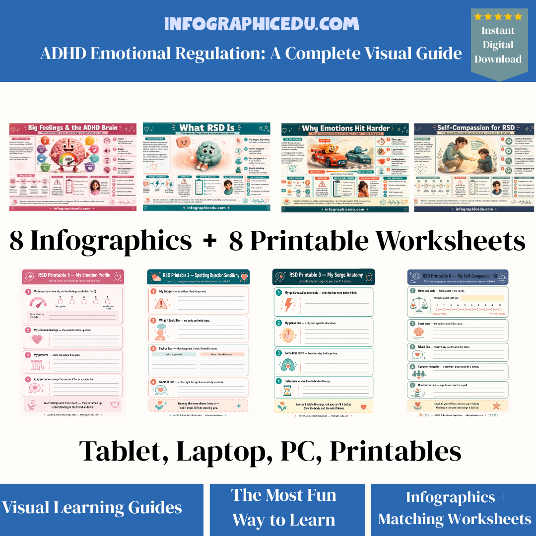 Collection of ADHD educational infographics and worksheets from Infographic Edu on a white background.