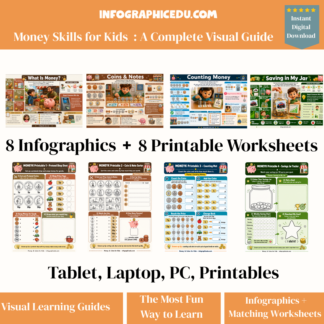 Collection of educational materials for teaching money skills to kids, including infographics and worksheets.