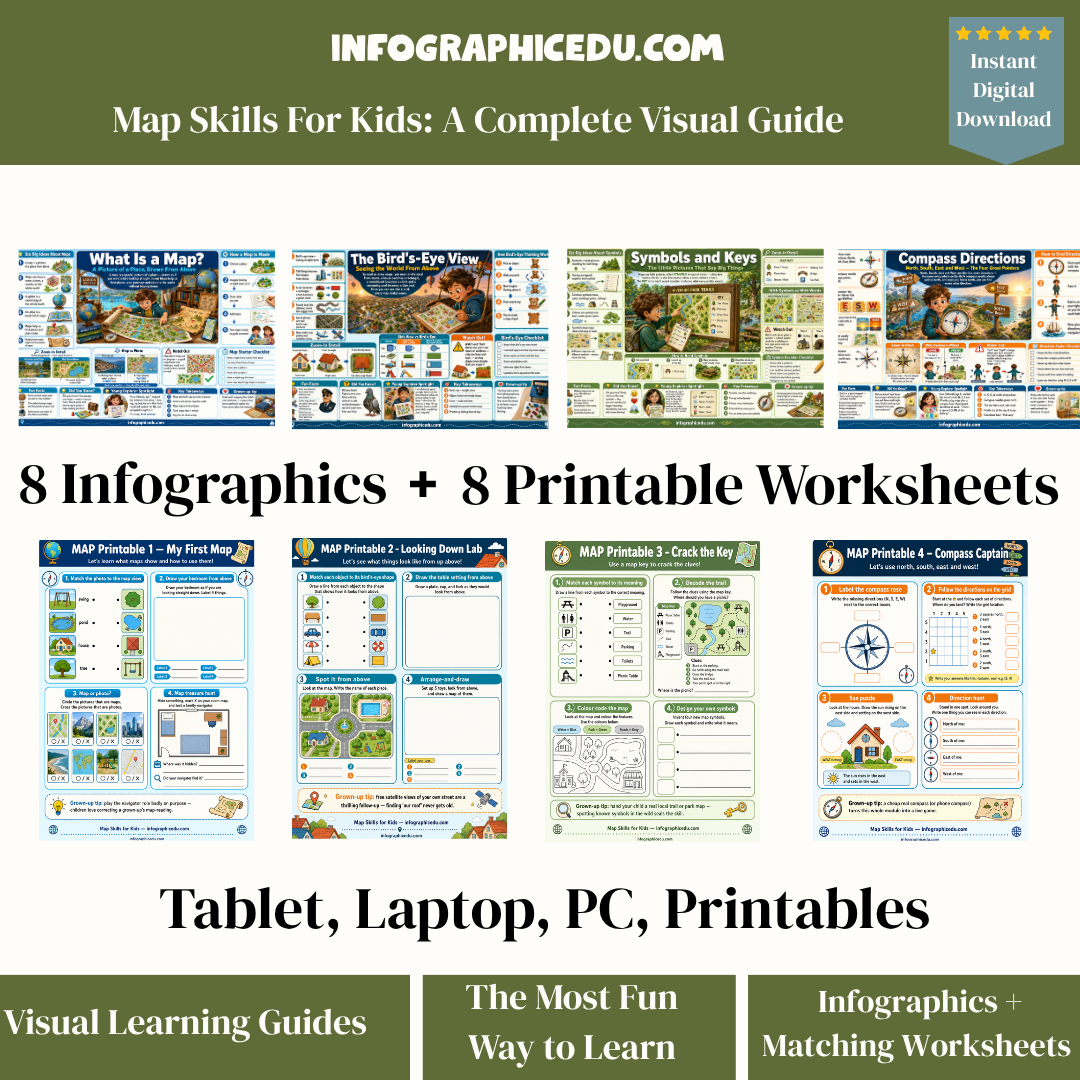 Promotional image of 'Map Skills For Kids' educational materials from Infographic Edu with infographics and worksheets.