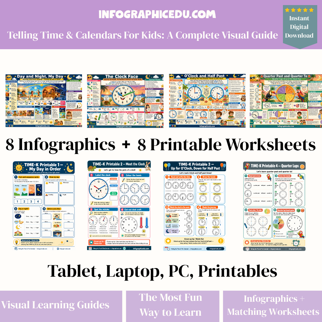 Collection of educational infographics and worksheets for teaching time and calendars to kids, with a purple banner at the top.