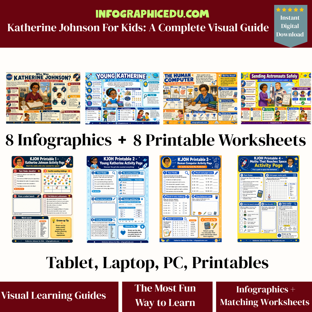 Katherine Johnson educational materials with infographics and worksheets on a white background.