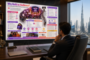 Man in a suit sitting at a desk looking at a large screen displaying an infographic about building an audience.