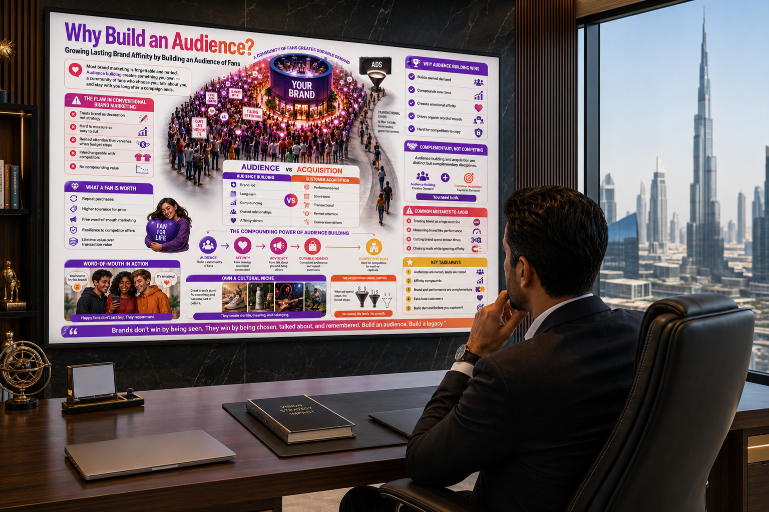 Man in a suit sitting at a desk looking at a large screen displaying an infographic about building an audience.