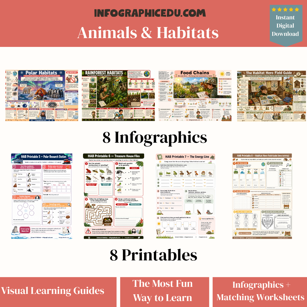 Collection of educational infographics and printables on animals and habitats with Infographic Edu branding.
