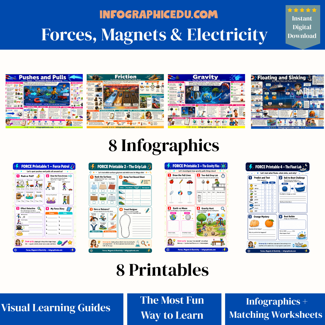 Educational materials on forces, magnets, and electricity with infographics and printables.